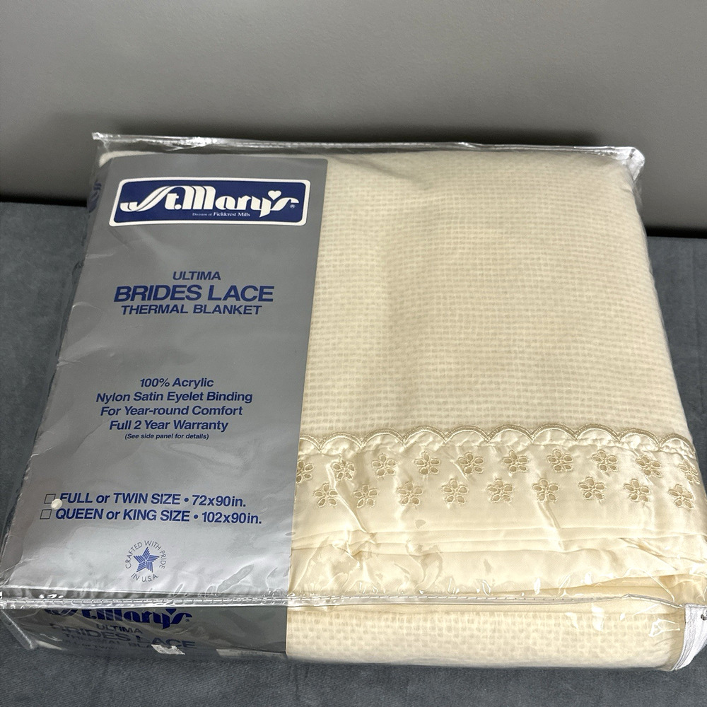 Vintage St. Mary’s Thermal Blanket Satin Trim Embroidered Cream Full Twin NOS